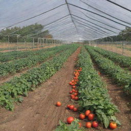 Incorporate a visible, well-designed tag into the previously generated image of the shade net house with tomato farming titled 'Liion Farms'.