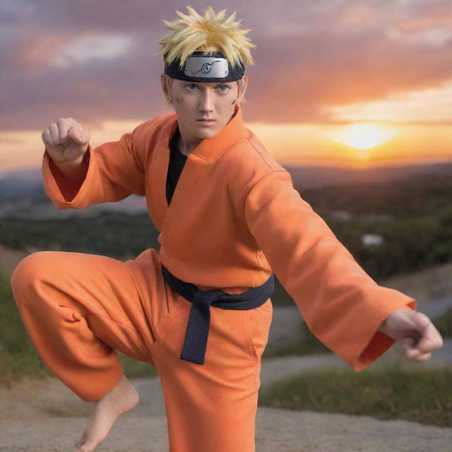 Naruto Uzumaki from the anime series Naruto, in his iconic orange jumpsuit, posing dynamically with a Rasengan in his hand. The background is Konohagakure, the Hidden Leaf Village during sunset.