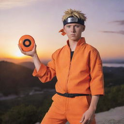 Naruto Uzumaki from the anime series Naruto, in his iconic orange jumpsuit, posing dynamically with a Rasengan in his hand. The background is Konohagakure, the Hidden Leaf Village during sunset.