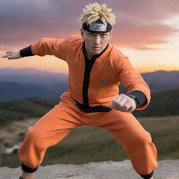 Naruto Uzumaki from the anime series Naruto, in his iconic orange jumpsuit, posing dynamically with a Rasengan in his hand. The background is Konohagakure, the Hidden Leaf Village during sunset.