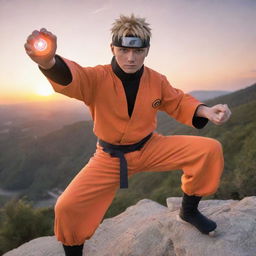 Naruto Uzumaki from the anime series Naruto, in his iconic orange jumpsuit, posing dynamically with a Rasengan in his hand. The background is Konohagakure, the Hidden Leaf Village during sunset.