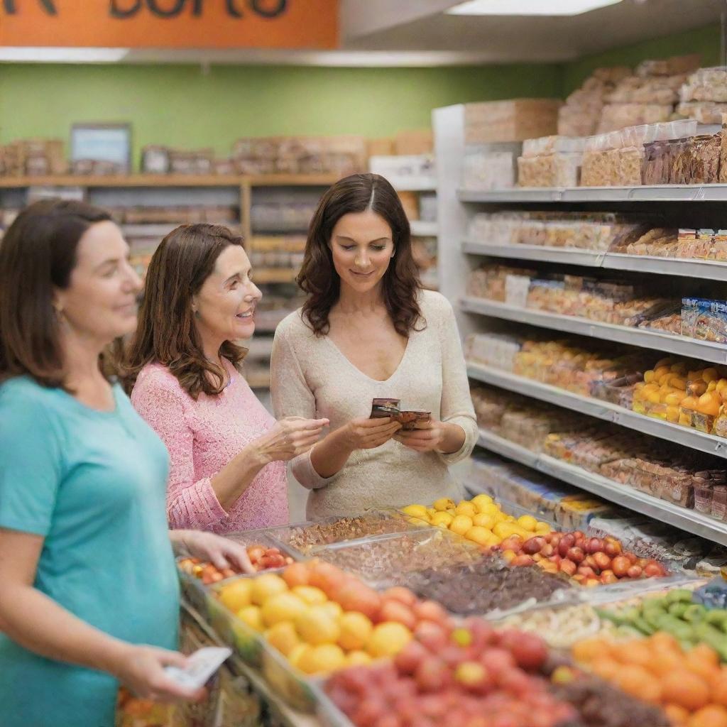 A group of mothers browsing in a colorful health food store, examining a range of nutritious substitutes for chocolate, preferable fruits and nuts.