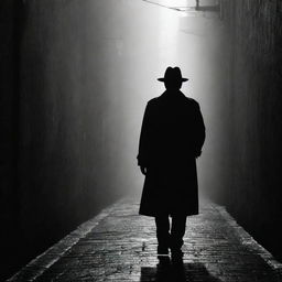 A silhouette of a mysterious man standing in a dimly lit, foggy alleyway, dressed in a long trench coat with the brim of his hat casting a shadow over his face.