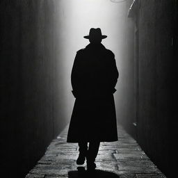 A silhouette of a mysterious man standing in a dimly lit, foggy alleyway, dressed in a long trench coat with the brim of his hat casting a shadow over his face.