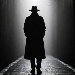 A silhouette of a mysterious man standing in a dimly lit, foggy alleyway, dressed in a long trench coat with the brim of his hat casting a shadow over his face.