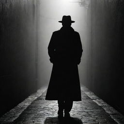 A silhouette of a mysterious man standing in a dimly lit, foggy alleyway, dressed in a long trench coat with the brim of his hat casting a shadow over his face.