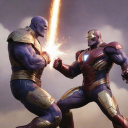 A stylized artistic interpretation of Thanos and Iron man engaging in an epic duel, with a pixel art style