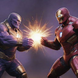 A stylized artistic interpretation of Thanos and Iron man engaging in an epic duel, with a pixel art style