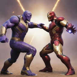 A stylized artistic interpretation of Thanos and Iron man engaging in an epic duel, with a pixel art style