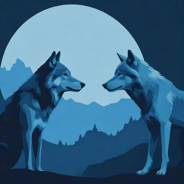 A vector illustration featuring two wolves in deep conversation. They exude a melancholic aura and the color scheme is dominated by various shades of blue.