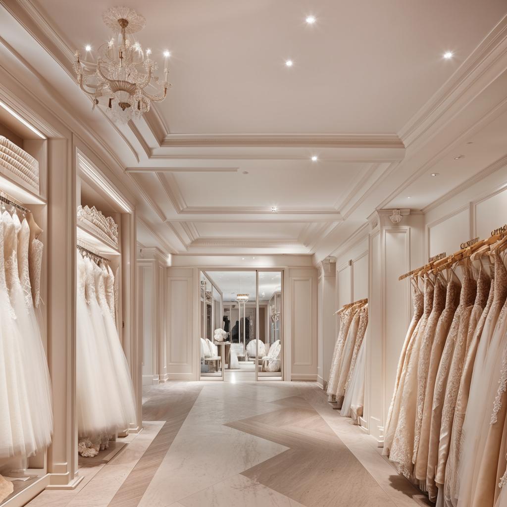 Wedding dress store office, 3.77m width, 3.5m length, includes customer reception, waiting area, fabric cartel display, wall adorned with classic central-lighting lanterns.