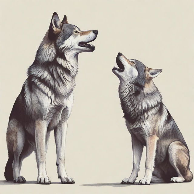 A vector illustration showcasing two wolves standing upright and involved in a conversation, executed in a detailed and appealing style.