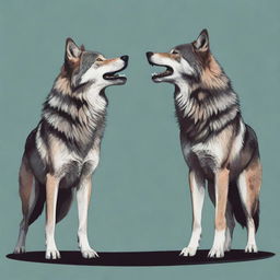 A vector illustration showcasing two wolves standing upright and involved in a conversation, executed in a detailed and appealing style.