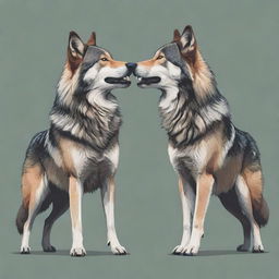 A vector illustration showcasing two wolves standing upright and involved in a conversation, executed in a detailed and appealing style.