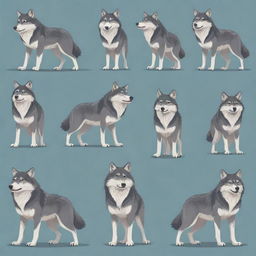 An array of vector illustrations showcasing a wolf standing in various poses displaying different expressions and actions.