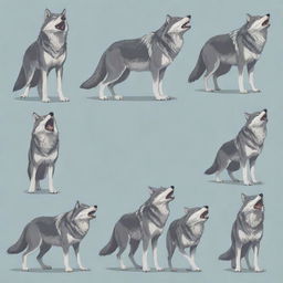 An array of vector illustrations showcasing a wolf standing in various poses displaying different expressions and actions.