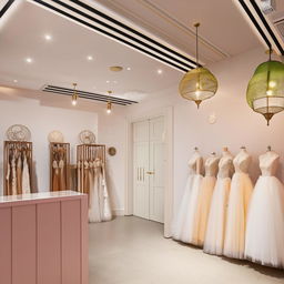 Wedding dress store office, 3.77m width, 3.5m length, includes customer reception, waiting area, fabric cartel display, wall adorned with classic central-lighting lanterns.