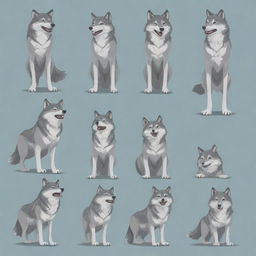 An array of vector illustrations showcasing a wolf standing in various poses displaying different expressions and actions.