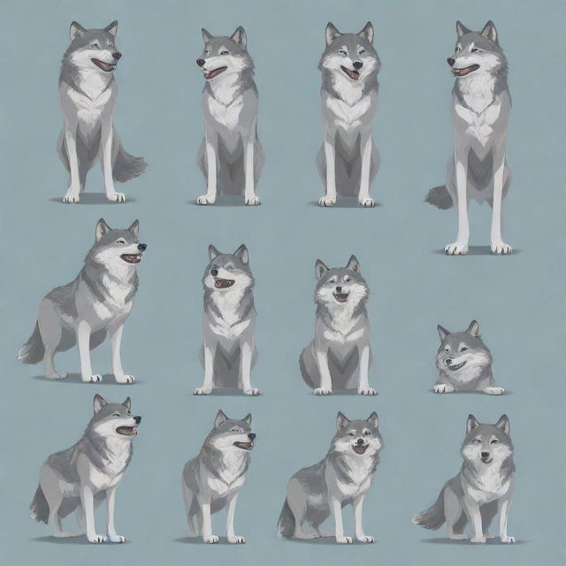An array of vector illustrations showcasing a wolf standing in various poses displaying different expressions and actions.