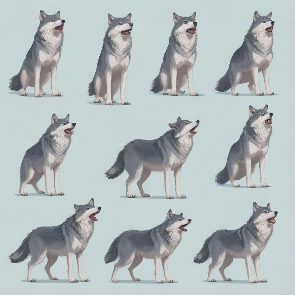 An array of vector illustrations showcasing a wolf standing in various poses displaying different expressions and actions.