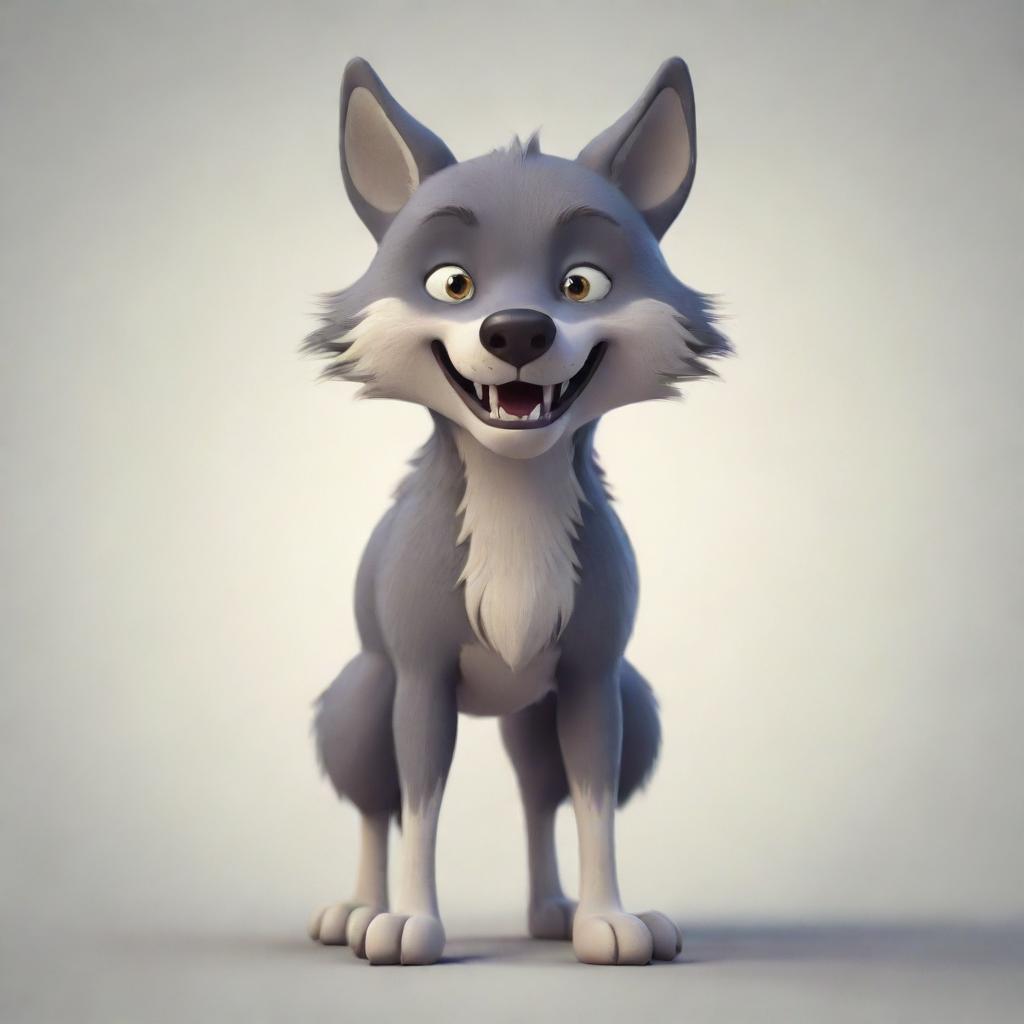 An endearing and stylized cartoon depiction of a wolf, standing boldly with expressive features