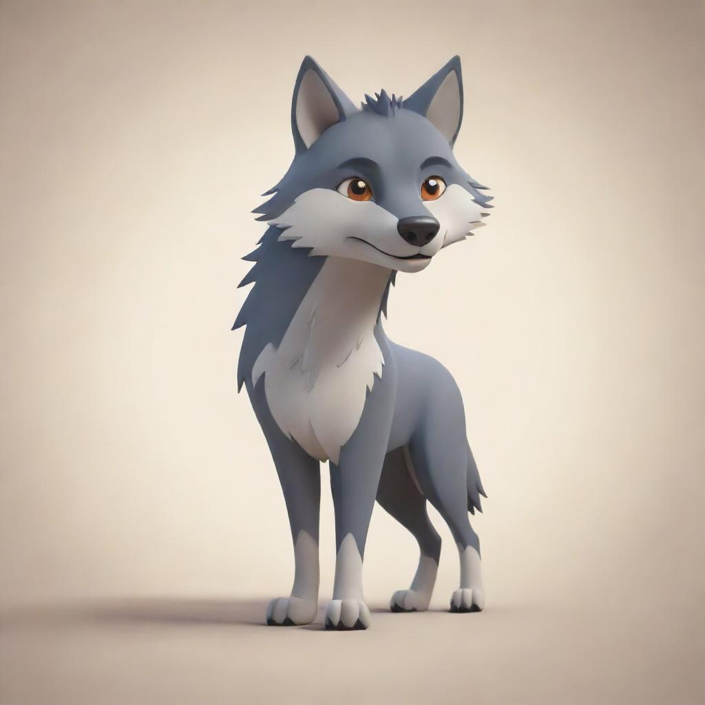 An endearing and stylized cartoon depiction of a wolf, standing boldly with expressive features