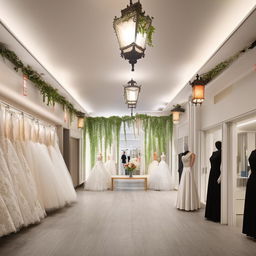 Wedding dress store office, 3.77m width, 3.5m length, includes customer reception, waiting area, fabric cartel display, wall adorned with classic central-lighting lanterns.