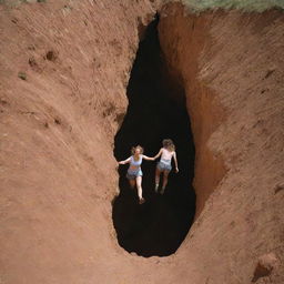 A playful scene of women happily climbing out and into gigantic holes in the ground, as if entering an underground world, amidst a beautiful natural landscape.