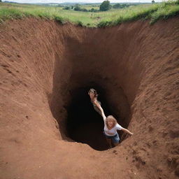 A playful scene of women happily climbing out and into gigantic holes in the ground, as if entering an underground world, amidst a beautiful natural landscape.