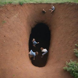 A playful scene of women happily climbing out and into gigantic holes in the ground, as if entering an underground world, amidst a beautiful natural landscape.