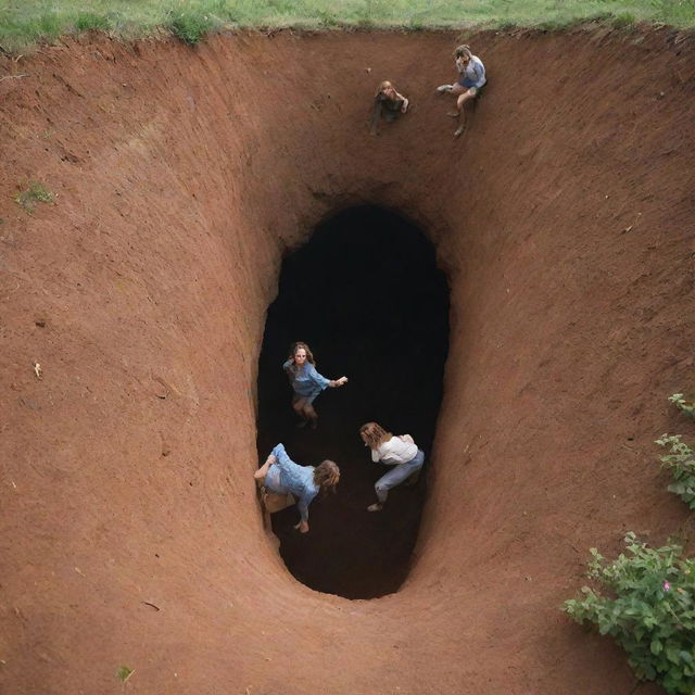 A playful scene of women happily climbing out and into gigantic holes in the ground, as if entering an underground world, amidst a beautiful natural landscape.