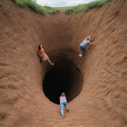 A playful scene of women happily climbing out and into gigantic holes in the ground, as if entering an underground world, amidst a beautiful natural landscape.