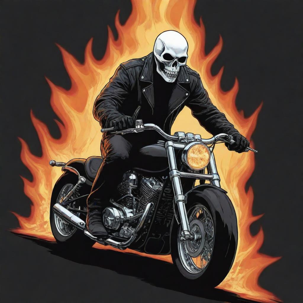 A stylized vector illustration of Ghost Rider in comics style. He is in his trademark flaming skull and leather jacket on his spectral motorcycle.