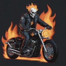 A stylized vector illustration of Ghost Rider in comics style. He is in his trademark flaming skull and leather jacket on his spectral motorcycle.