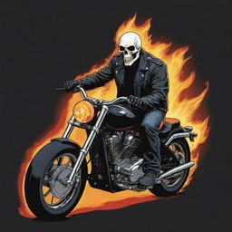 A stylized vector illustration of Ghost Rider in comics style. He is in his trademark flaming skull and leather jacket on his spectral motorcycle.