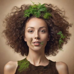 Generate an image of a playful and whimsical lady blending into the earth. The design should be imaginative and surreal, capturing a sense of joy and connection to nature.