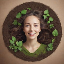 Generate an image of a playful and whimsical lady blending into the earth. The design should be imaginative and surreal, capturing a sense of joy and connection to nature.