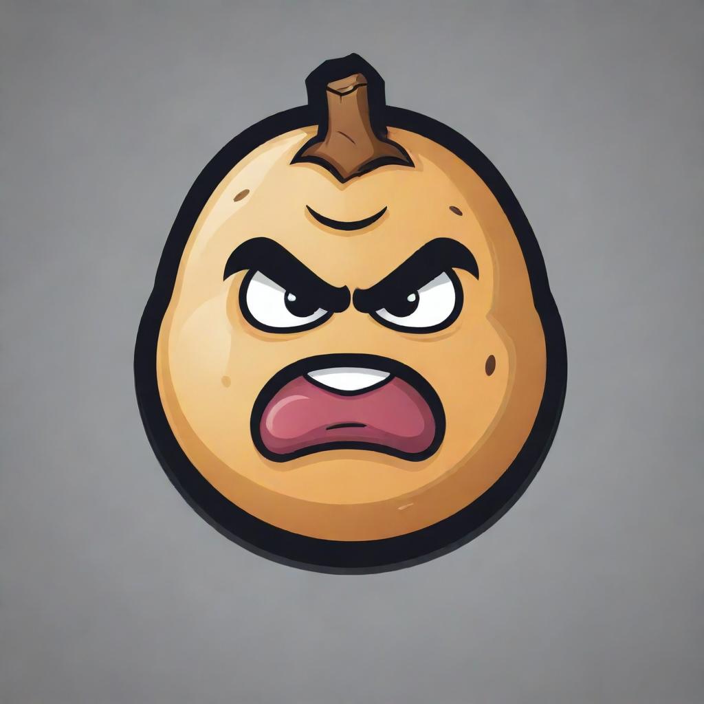 An Esports logo featuring a potato mascot in a jacket illustrating an angry expression for a competitive vibe. The potato should be anthropomorphized, with exaggerated facial features showcasing anger.