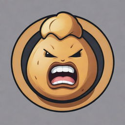 An Esports logo featuring a potato mascot in a jacket illustrating an angry expression for a competitive vibe. The potato should be anthropomorphized, with exaggerated facial features showcasing anger.