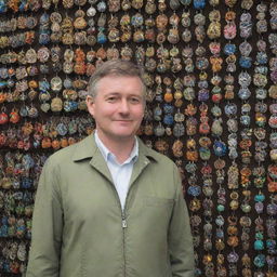 A man standing in a traditional UK marketplace, showcasing a variety of colorful and unique keychains for sale hung up in display behind him.