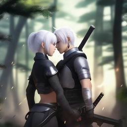 A high-quality digital art image of Yu Ijin, a mercenary, embracing a curvy Asian girl around her waist