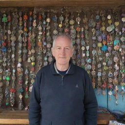 A man standing in a traditional UK marketplace, showcasing a variety of colorful and unique keychains for sale hung up in display behind him.