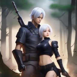 A high-quality digital art image of Yu Ijin, a mercenary, embracing a curvy Asian girl around her waist