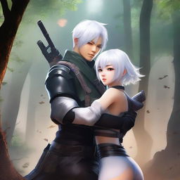 A high-quality digital art image of Yu Ijin, a mercenary, embracing a curvy Asian girl around her waist