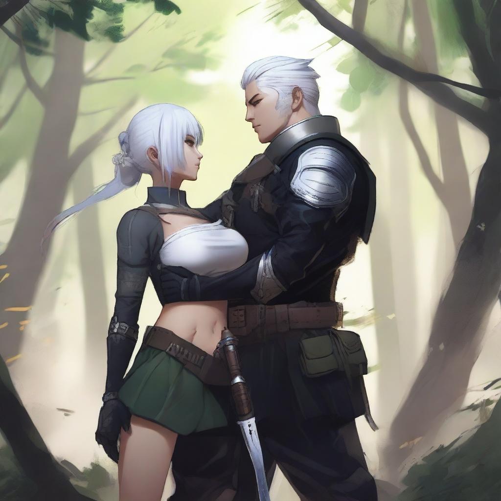 A high-quality digital art image of Yu Ijin, a mercenary, embracing a curvy Asian girl around her waist