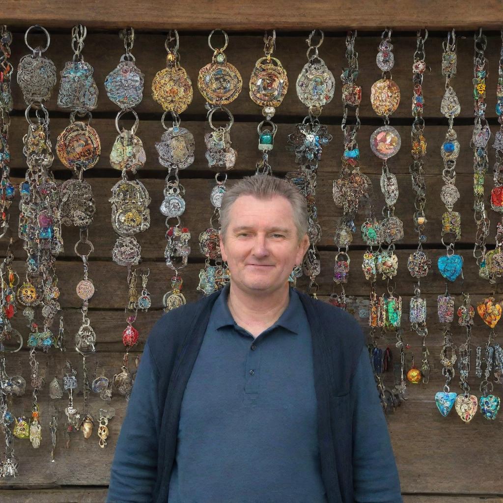 A man standing in a traditional UK marketplace, showcasing a variety of colorful and unique keychains for sale hung up in display behind him.