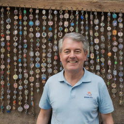 A man standing in a traditional UK marketplace, showcasing a variety of colorful and unique keychains for sale hung up in display behind him.