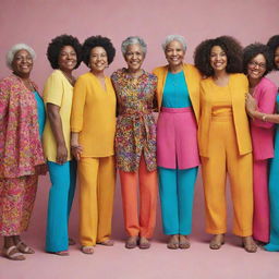 Compose an image of a group of diverse women of varying ages and backgrounds standing in solidarity. They are wearing vibrant outfits and holding hands, symbolizing unity and strength.