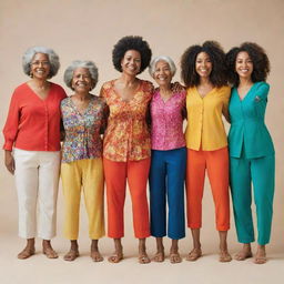 Compose an image of a group of diverse women of varying ages and backgrounds standing in solidarity. They are wearing vibrant outfits and holding hands, symbolizing unity and strength.