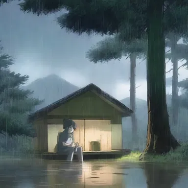 In the anime, the main character seeks shelter under a balsam fir tree during a rainstorm.